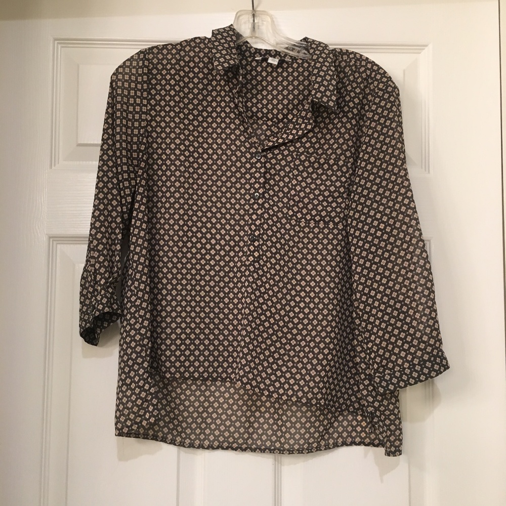 Grey and Pink Floral Print 3/4 Sleeve Blouse